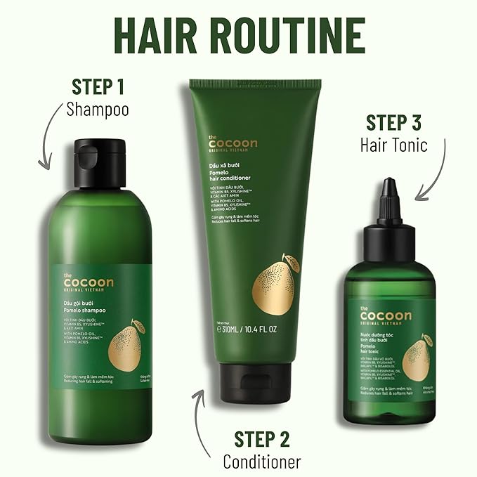 Cocoon Hair Repair Set (SAVE 25%): Pomelo Tonic (4.7 fl oz), Shampoo (10.4 fl oz), and Conditioner (10.4 fl oz)