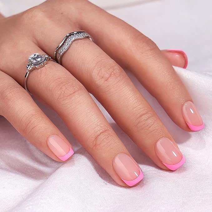 BTArtbox French Tip Press On Nails - Press on Nails Square, Pink Glue On Nails, Fit Perfectly & Natural Reusable Stick On Nails in 15 Sizes, 30 Pcs Soft Gel Kit, Dolce Pink