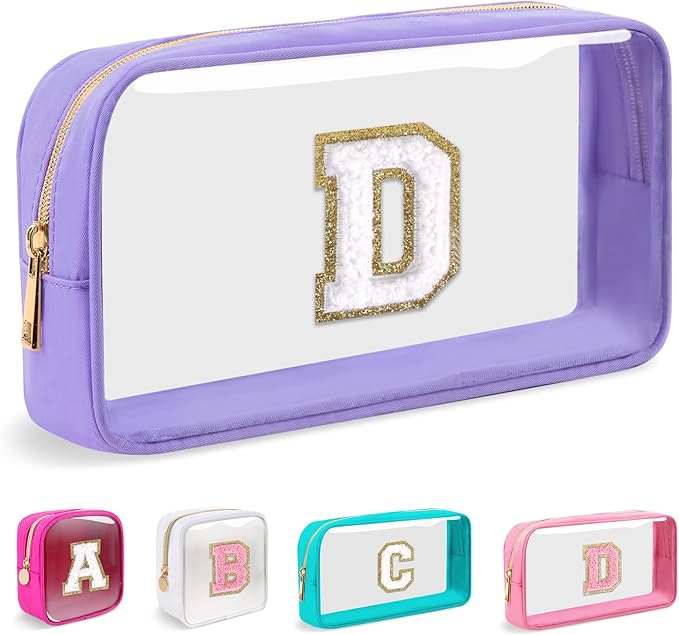 Small Clear Personalized Initial Makeup Bag,Nylon Preppy A-Z Chenille Letter Patch Cosmetic Pouch Beach Toiletry Bag,Waterproof Zip Travel Purse Storage Bag Organizer for Women Girls(Purple-White D)