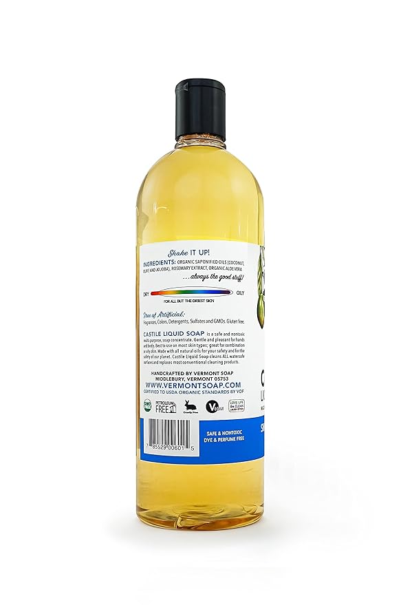 Vermont Castile Unscented Gentle Liquid Soap for Sensitive Skin, Natural Body Wash, Organic Hair Shampoo for Oily Hair, Aloe for Men & Women - 33.8 Oz