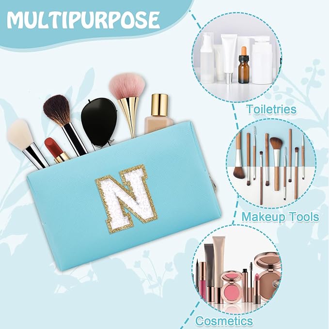 Chenille Letter Personalized Initial Preppy Makeup Bag, Small Cute Blue Cosmetic Zipper Pouch Travel Toiletry Bags, Waterproof PU Monogram Make Up Organizer Gifts for Nurse Nieces Teacher(Letter N)