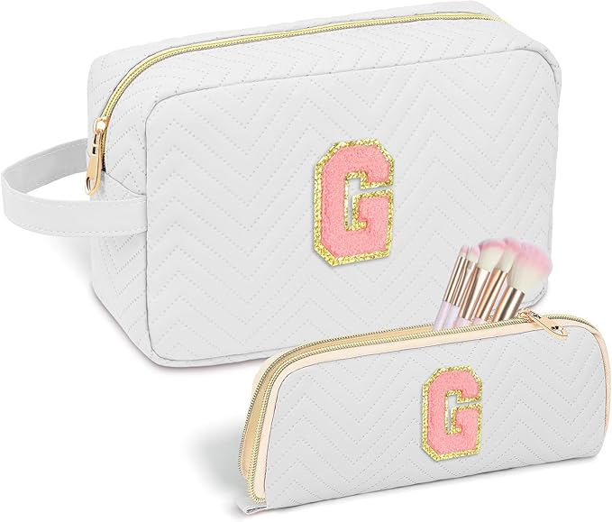 Personalized Initial Makeup Bag Trendy Stuff Leather Waterproof Cosmetic Bag Travel Toiletry Bag, Christmas/Thanksgiving/Halloween Gifts Makeup Organizer Case for Women Girls Mom Girlfriend Wife
