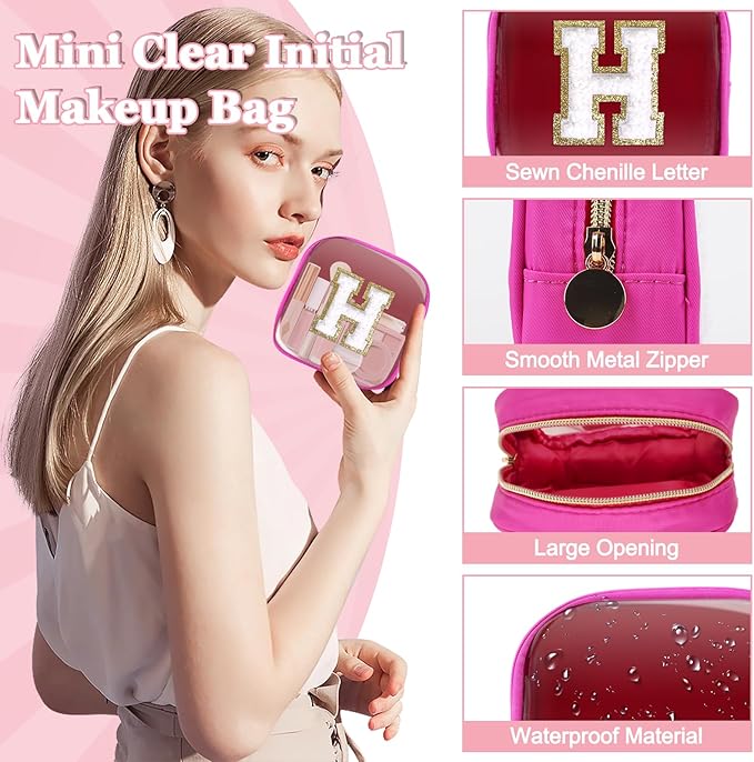 Mini Clear Personalized Initial Makeup Bag,Nylon Preppy A-Z Chenille Letter Patch Zipper Cosmetic Bag, Small Cute Beach Pouch Travel Purse Sanitary Napkin Storage Bag for Women Girls(Hot Pink-White H)