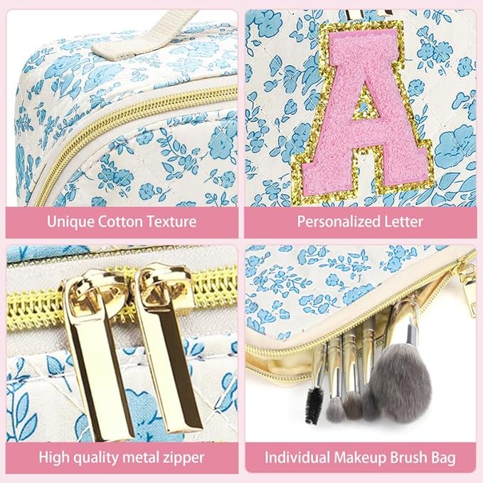 Personalized Travel Makeup Bag Set,Initial Travel Cute Floral Makeup Organizer Bag,Toiletry Skincare Cosmetic Bag,Christmas Gifts for Women/Girls,Open Flat Toiletry Pouch with Brush Pocket-Q