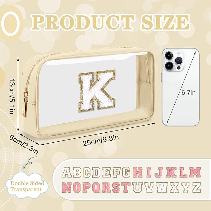 Small Clear Personalized Initial Makeup Bag,Nylon Preppy A-Z Chenille Letter Patch Cosmetic Pouch Beach Toiletry Bag,Waterproof Zipper Travel Purse Storage Bag Organizer for Women Girls(Beige-White K)