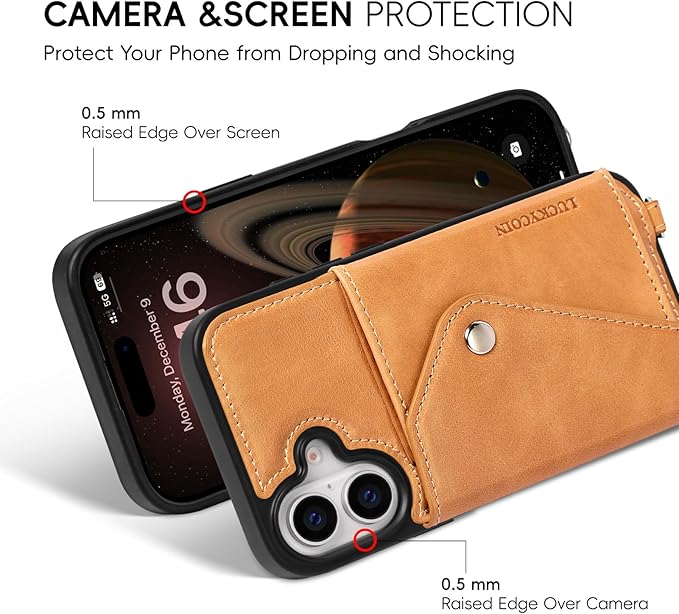 LUCKYCOIN Crossbody Wallet Phone Case for iPhone 17,100% Genuine Leather Wallet Phone Case with Expandable Flip Card Holder,Phone Purse for Women with Adjustable Removable Strap - Brown