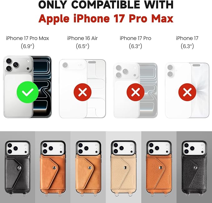LUCKYCOIN Crossbody Wallet Phone Case for iPhone 17 Pro Max,100% Genuine Leather Wallet Phone Case with Expandable Flip Card Holder,Phone Purse for Women with Adjustable Removable Strap - Pebble Brown