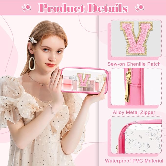 Personalized Initial Letter Clear Makeup Bag,Preppy Small Nylon&PVC Cosmetic Zipper Bag with Chenille Letter,Portable Beach Travel Skincare Toiletry Bag,Trendy Monogram Gift for Teen Girls Women,V