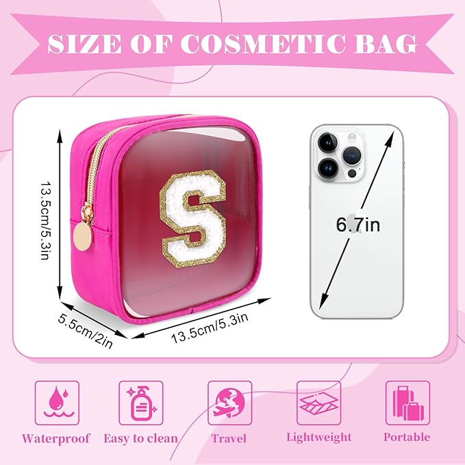 Personalized Initial Letter Clear Preppy Makeup Bag,Mini Nylon Chenille Letter Cosmetic Bag Cute Zipper Pouch Coin Purse for Teen Girls,Portable TSA Approved Travel Essentials Bag Gift for Women,S