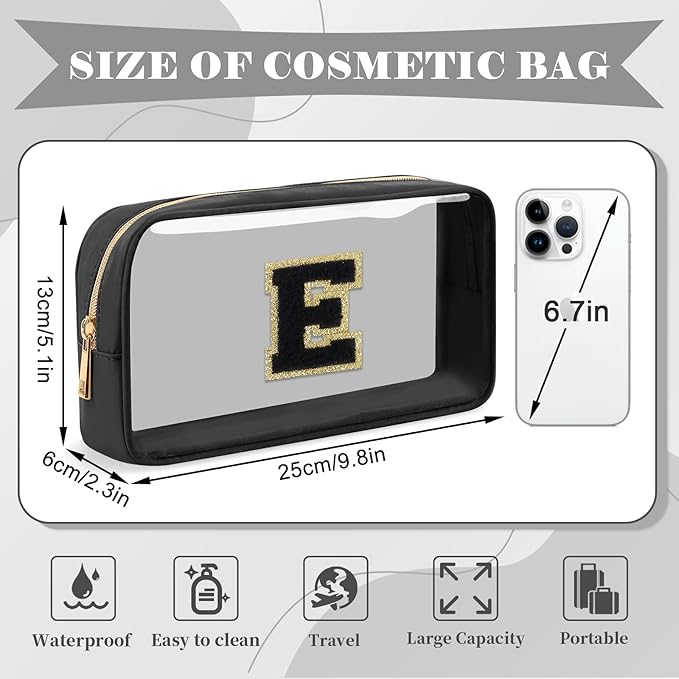 Personalized Initial Letter Clear Makeup Bag,Preppy Small Nylon&PVC Cosmetic Zipper Bag with Chenille Letter,Travel Skincare Toiletry Bag,Monogram Christmas Gift for Teen Girls Women,E