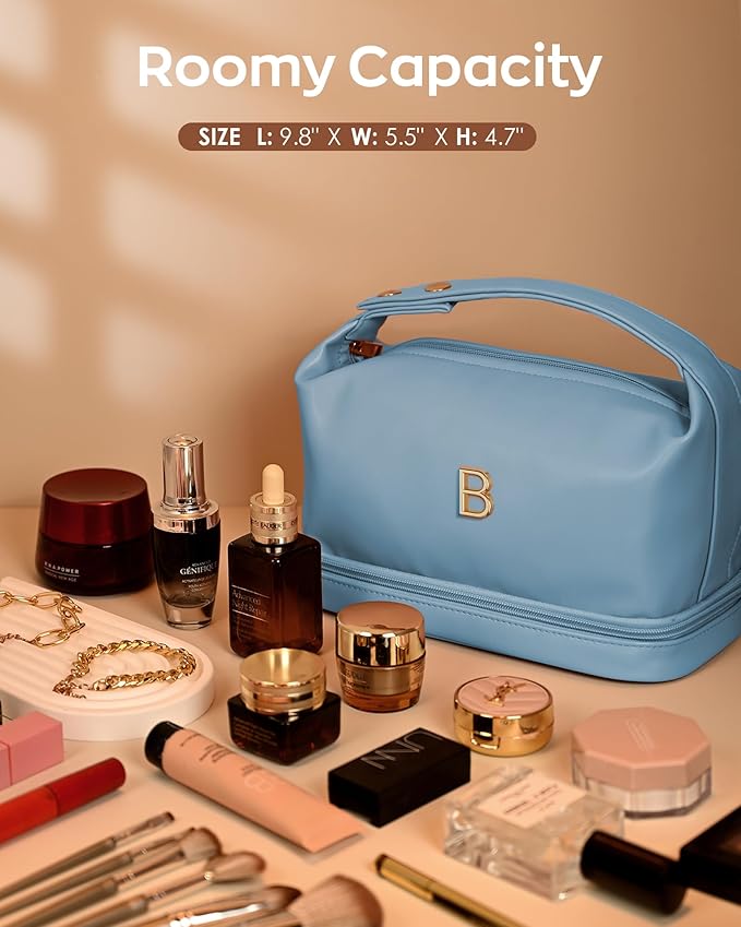 Teenage Girls Gifts Ideas, Personalized Makeup Bag with Handle, Initial Double Layer Cosmetic Bag with Makeup Brush Organizer, Gifts for Girls Teen Girls -10 11 12 13 14 15 16 17 18 Year Old