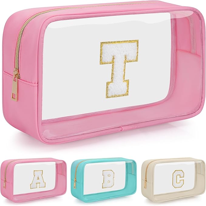 Personalized Initial Clear Makeup Bag, Travel Chenille Patch Cosmetic Bag, Preppy Toiletry Bag Monogram Cosmetic Pouch with Zipper, Ideal Gift for Teen Girls Women (Clear-Pink, T)