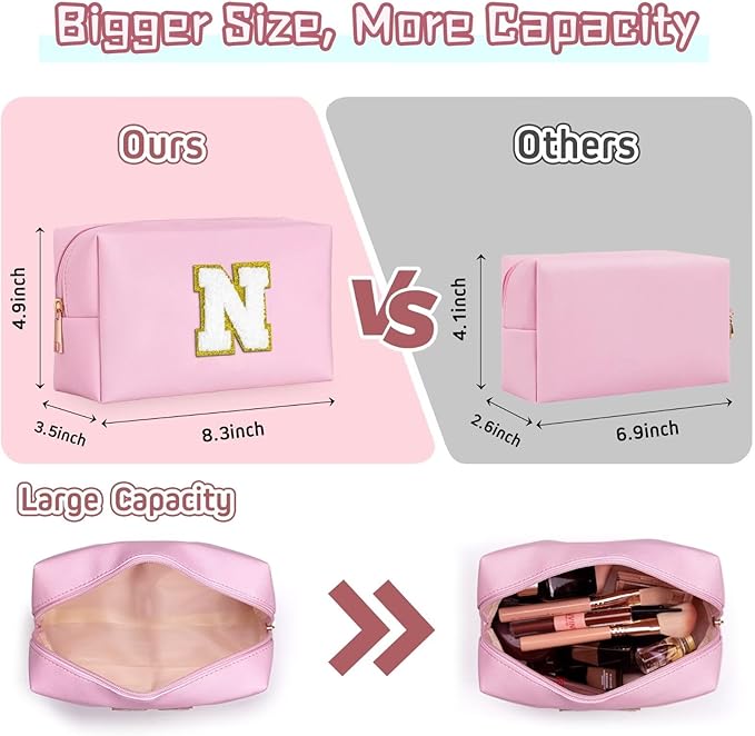 TOPEAST Initial Makeup Bag, Birthday Gifts for 4 5 6 7 8 9 10 11 12 Year Old Girls, Personalized Preppy Cosmetic Bag | Leather Toiletry Bag | Gifts for Teen Girls Kids (Pink E)
