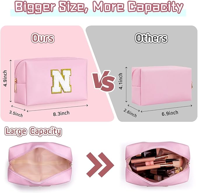 TOPEAST Initial Cosmetic Bag, PU Leather Waterproof Travel Toiletry Bag, Monogrammed Gifts for Women, Personalized Birthday Gift for Sister Friends, Cute Stuff for Girls (Pink K)