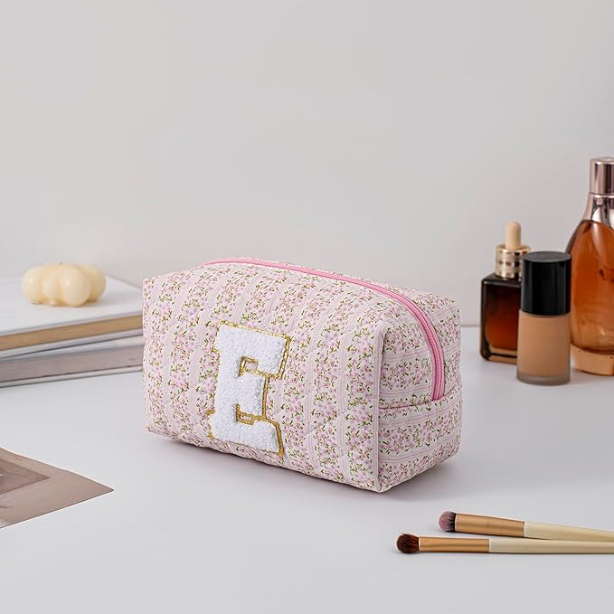 JOVAKIT Alphabet Makeup Bag Cosmetic Bag for Women, Christmas Gifts for Girls Age 6-18, Floral Flowers Coquette Travel Toiletry Zipper Make Up Pouch Organizer Trendy Stuff (Pink Floral E)