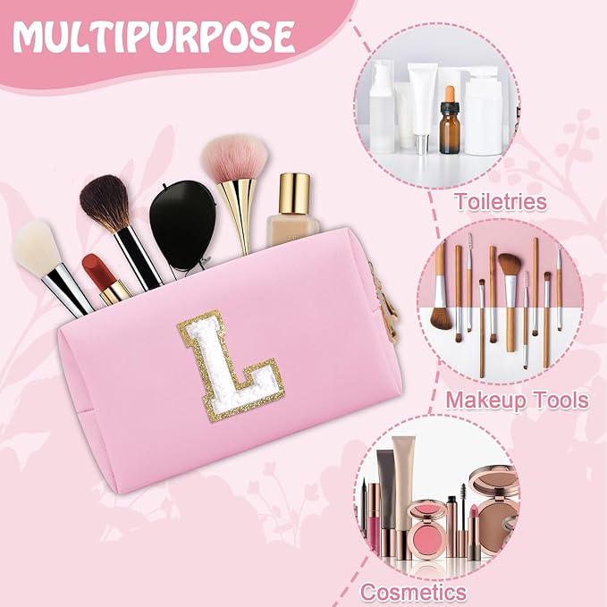 Personalized Initial Preppy Travel Makeup Bag Organizer, Small Pink Cute Cosmetic Bag Toiletry Zipper Pouch for Women, Portable Waterproof PU Makeup Case Birthday Gift for Friends Teacher(Letter L)