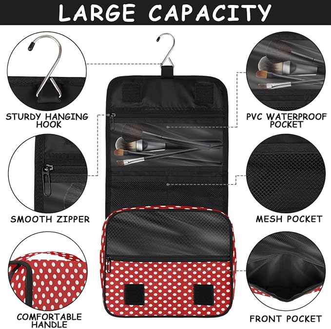 Travel Toiletry Bag for Women & Men Red White Polka Dot Hanging Cosmetic Organizer Portable Waterproof Makeup Case Make Up Bag with Compartments Travel Essentials for Bathroom Shower
