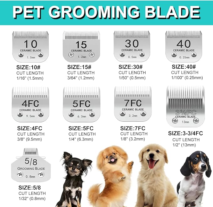 3FC/4FC/5FC/7FC Silver Detachable Clipper Ceramic Blades, Dog Grooming Clipper Replacement Blades Compatible with KM Series Clippers, Most A5, Size-3FC/4FC/5FC/7FC, Cut Length 3.2mm to 13mm, 4 Packs