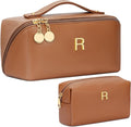 Birthday Gifts for Women Teen Girl, Personalized Initial Makeup Organizer Bag Set, Open Flat Travel Cosmetic Bag With Clear Divider and Handle(Brown,R)