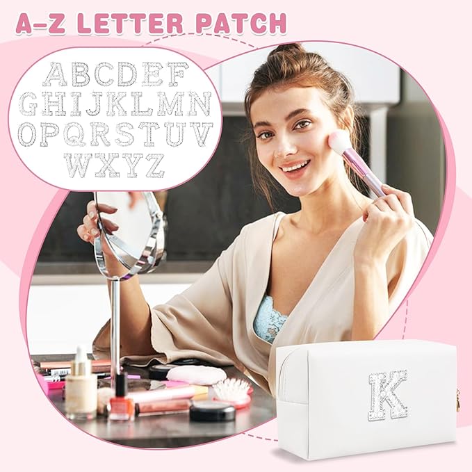 Bride Gifts – Personalized Initial Makeup Bag with Pearl Rhinestone Patch, Preppy White Monogram Cosmetic/Toiletry Pouch, bridesmaid Gifts, Bridal Shower Gifts, Wedding Gifts, Bridal Gifts,K