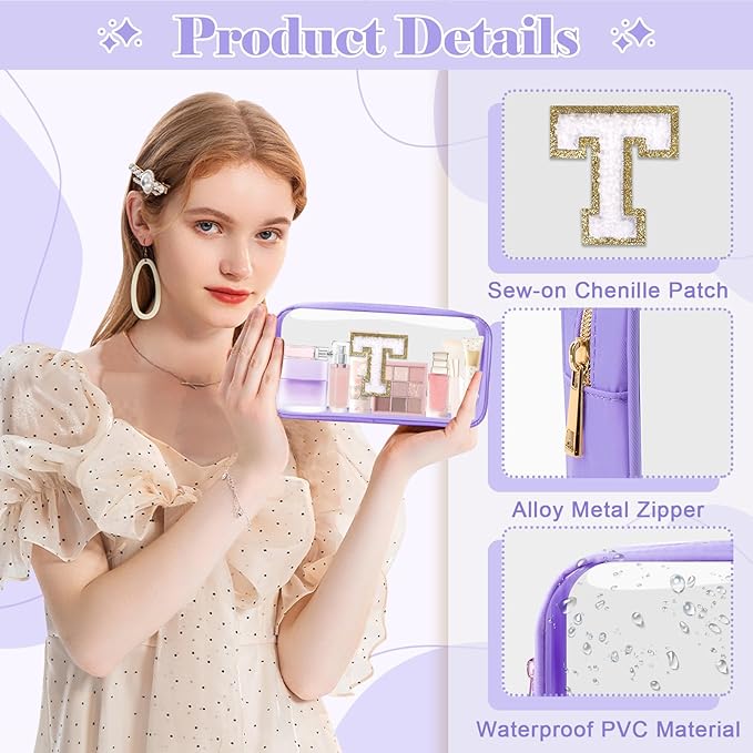 Personalized Initial Letter Clear Makeup Bag,Preppy Small Nylon&PVC Cosmetic Zipper Bag with Chenille Letter,Travel Skincare Toiletry Bag,Monogram Christmas Gift for Teen Girls Women,T