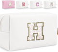 Small Personalized Glitter Initial Letter Makeup Bag, Cute PU Leather Chenille Letters Cosmetic Bag Travel Makeup Pouch, Preppy Travel Organizer Zipper Pouch for Women&Girls（White-H）