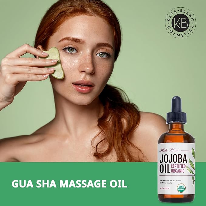 Kate Blanc Cosmetics Jojoba Oil for Softer Hair & Smoother Skin. Gua Sha Oil for Face & Dermaplaning (4oz, Organic, 100% Pure, Natural)