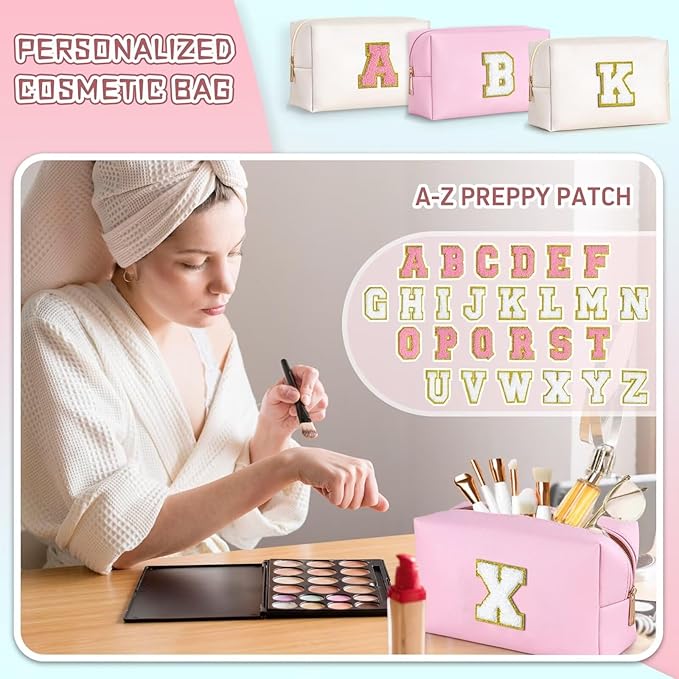 TOPEAST Initial Makeup Bag, Birthday Gifts for 4 5 6 7 8 9 10 11 12 Year Old Teen Girls, Personalized Preppy Cosmetic Bag | Leather Toiletry Bag (Pink A)