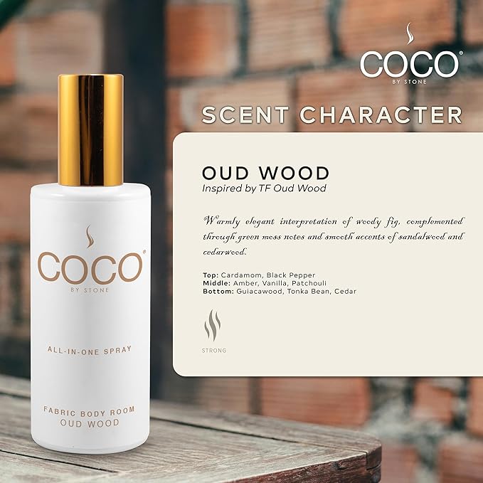 COCO by Stone 5oz All-in-One Spray (Oud Wood) Shake & Spray Formula for Fabric, Pillows, Interiors, Clothing, Home Fragrance Accessories, Room Perfume, Room Deodorizer, Vegan & Cruelty-Free
