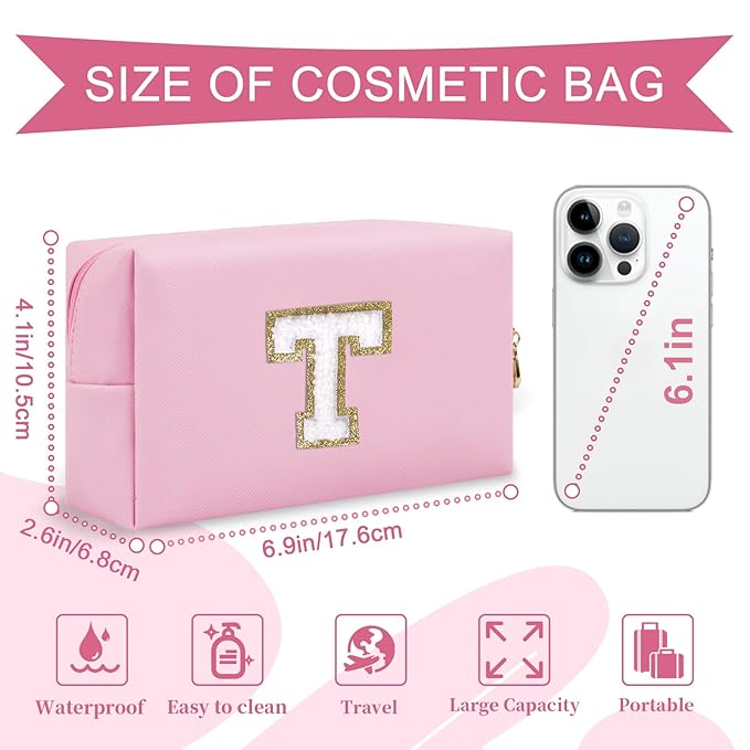 Personalized Initial A-Z Preppy Patch Makeup Bag,Small PU Chenille Letter Cosmetic Bag with Zipper for Teen Girls,Pink Cute Toiletry Organizer Bag,Monogram Makeup Case Gift for Women Girls,Letter T