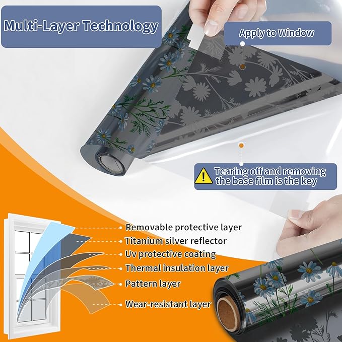 One Way Privacy Film, Window Tint for Home,Daytime Reflective, Anti UV Static Cling Sliding Door Coverings No Glue Garage Solar Paper (Black - Silver-Daisy, 35.4 x 157.4 in)