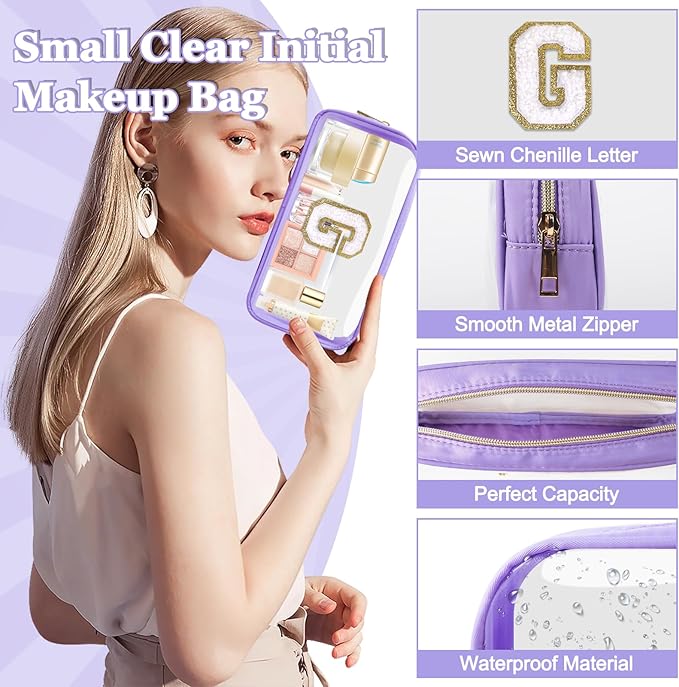 Small Clear Personalized Initial Makeup Bag,Nylon Preppy A-Z Chenille Letter Patch Cosmetic Pouch Beach Toiletry Bag,Waterproof Zip Travel Purse Storage Bag Organizer for Women Girls(Purple-White G)