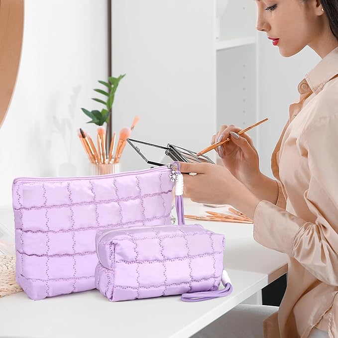 Richeart Makeup Bag Travel Toiletry Bag - Checkered Down Cotton Makeup Pouch for Women with Cosmetic and Pencil, Aesthetic Purple Design, Large