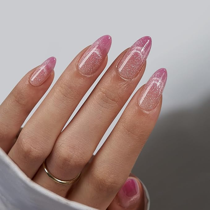 BTArtbox Almond Press On Nails Medium - Lamp-Curable Pink Cat Eye Press On Nails with Glue for Women, Semi-Transparent Soft Gel Glue On Nails in 15 Sizes - 30 Stick On Nails Kit, Rosy Dew
