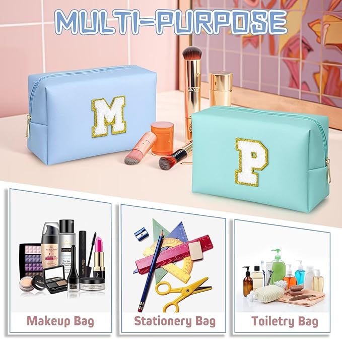 TOPEAST Preppy Patch Makeup Bag, Chenille Letter Pouch Cosmetic Bag, PU Leather Waterproof Toiletry Bag, Personalized Birthday Gift for Women Girl, Cute Stuff for Girls (Sky Blue B)