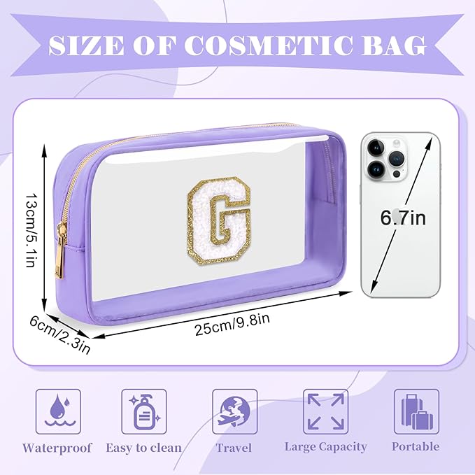 Personalized Initial Letter Clear Makeup Bag,Preppy Small Nylon&PVC Cosmetic Zipper Bag with Chenille Letter,Travel Skincare Toiletry Bag,Monogram Christmas Gift for Teen Girls Women,G