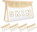 Small Boho Straw Clear Skin Makeup Bags for Women&Girls, Zipper Cosmetic Bag Chenille Varsity Letter Patch Bag, Preppy Cute Toiletry Pouch, Trendy Organizer Storage Bag for Beach Travel Essentials