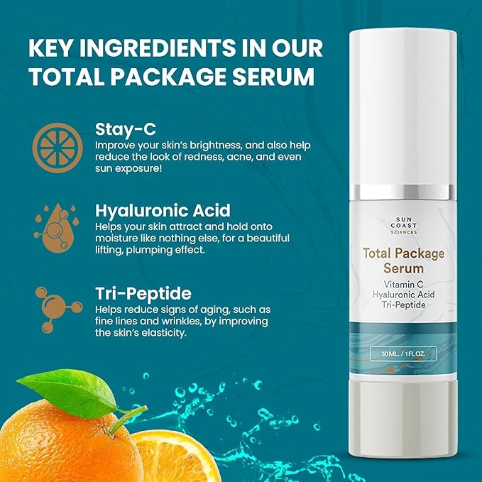 Sun Coast Sciences - Total Package Serum, All-In-One Vitamin C, Hyaluronic Acid, Anti-Aging Facial Super Serum for Wrinkles, Brightening, Dark Spots - 1 fl oz (Pack of 3)