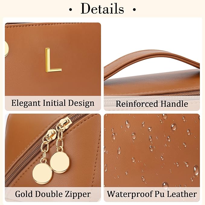 Birthday Gifts for Women Teen Girl, Personalized Initial Makeup Organizer Bag Set, Open Flat Travel Cosmetic Bag With Clear Divider and Handle(Brown,L)