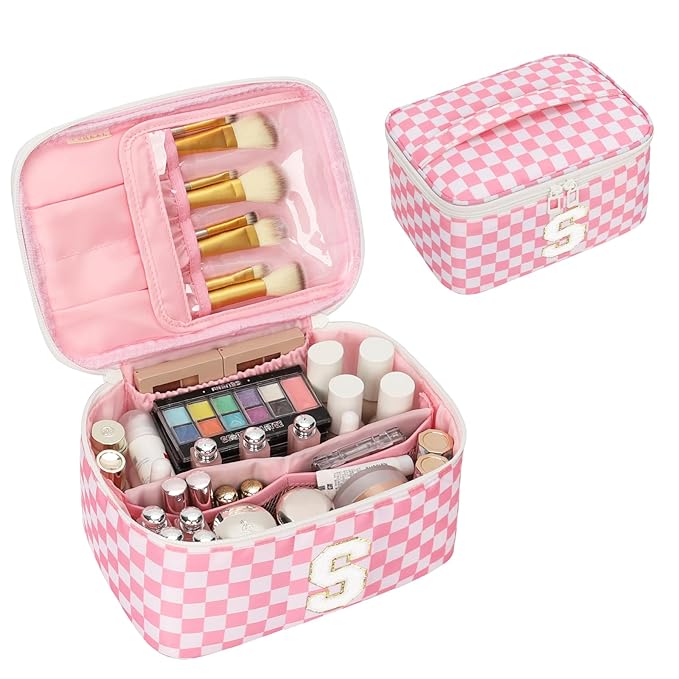 OCHEAL Makeup Bag for Women, Monogram Cosmetic Bag with Brush Holder, Pink Travel Makeup Case Beauty Toiletry Bag Organizer Personalized Gifts for Girls Bridesmaid, Sister, Wife, Friends Initial S