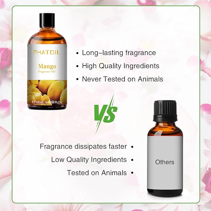 PHATOIL 3.38FL.OZ Mango Fragrance Oils for Aromatherapy, Essential Oils for Diffusers for Home, Perfect for Diffuser, Yoga, Skin Care, DIY Candle and Soap Making - 100ml