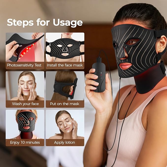 Red Light Therapy for Face,LED Face Mask Light Therapy with Neck Device,103 3-in-1 Light Beads,Remoter Rechargeable,Timing Function,Infrared Red Light Therapy Mask for Home Working Travel Yoga Sleep