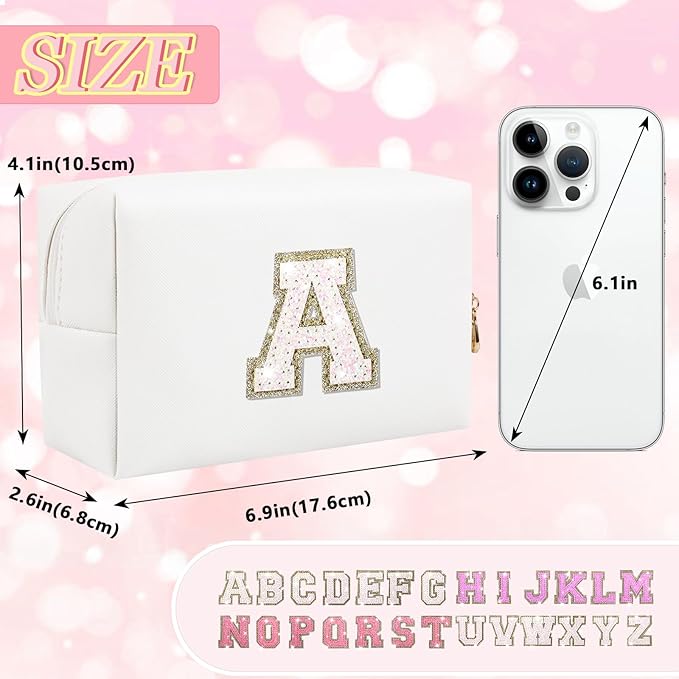 Personalized Initial Letter Makeup Bag, Preppy Glitter Letter Patch Cosmetic Pouch Zipper,PU Waterproof Travel Toiletry Bag Cute Makeup Organizer Monogrammed Make Up Bag,Gift for Women Girls
