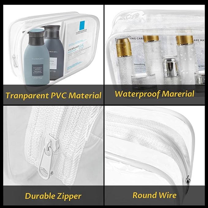 16 Pieces Clear Makeup Bags Bulk, TSA Approved Toiletry Bag for Travel, PVC Waterproof Cosmetic Pouches Clear Pouch with Zipper for Men and Women Carry-on Travel Essentials Cosmetic Bags (White-M)