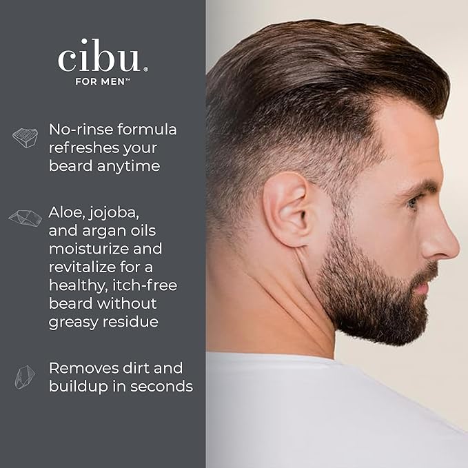 Cibu for Men Beard Dry Foaming Cleanser 6oz - Rinse-Free Beard Wash for Men to Control and Tame Unruly Beards and Coarse Hair - Softening and Nourishing Beard Cleaner with Aloe, Jojoba, and Argan Oils