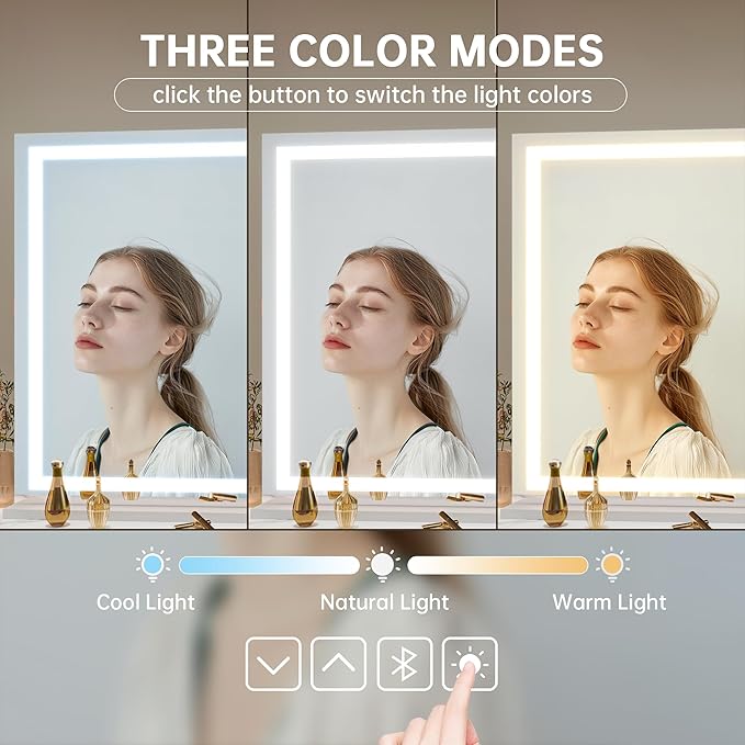 Hasipu Vanity Mirror with Lights, 42" x 30" LED Makeup Mirror, Lighted Makeup Mirror with Dimmable 3 Modes, Touch Screen Control Vanity Mirror Square White