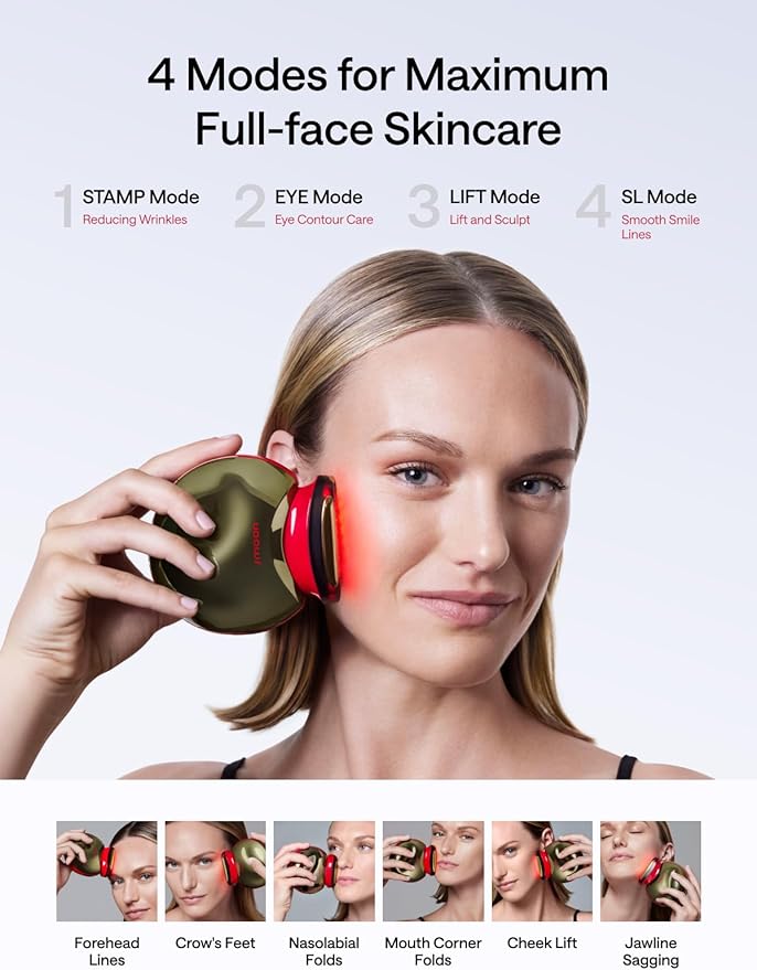 JMOON Microcurrent Facial Device, M30U Red Light Therapy for Face, Safe Anti Aging Skin Care, 4 Modes, 5 Energy Levels for Full Face Lift and Ideal for Smile Lines, Eyes, and Forehead (Red)