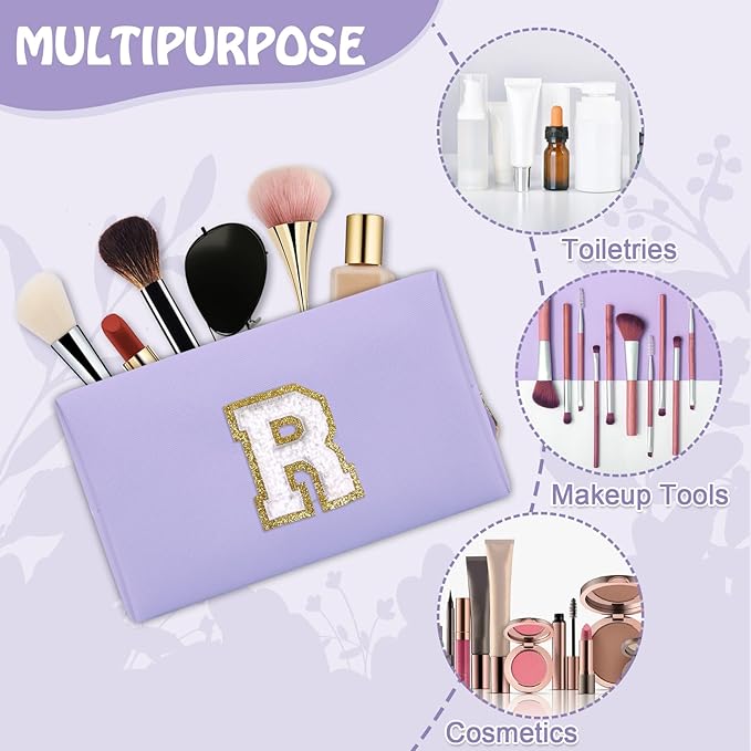 Small Travel Initial Preppy Makeup Bag, Personalized Purple Cute Chenille Letter Cosmetic Organizer Travel Toiltery Zipper Pouch Purse, Monogram Makeup Storage Gift for Friend Birthday Women(Letter R)