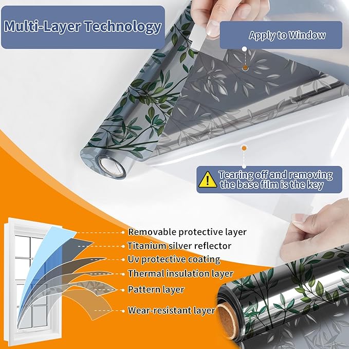 One Way Privacy Film, Window Tint for Home,Daytime Reflective, Anti UV Static Cling Sliding Door Coverings No Glue Garage Solar Paper (Silver-Leaves, 17.5 x 78.7 in)