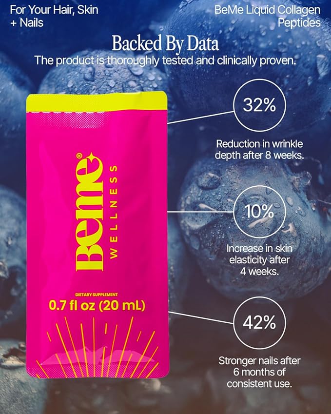 BeMe Liquid Collagen for Women - 2500mg Verisol Collagen Liquid with Biotin, CoQ10 & Vitamin C - Clinically Proven Collagen Peptides for Hair, Skin & Nails - 15 Mixed Berry Sachets